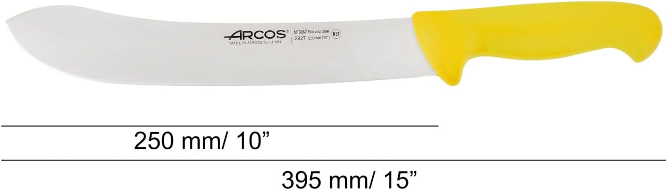 Arcos Series 2900 - Butcher Knife Steak Knife - 10" Blade Nitrum Stainless Steel - Polypropylene Yellow Handle - Silver - European Color Identification System - Heavy Duty Knife 7''