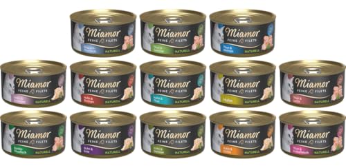Miamor Feine Filets Naturell Mixpaket | 12 x 80g | Katzenfutter Nassfutter Dose | Filet Huhn & Thunfisch | fettarm | garantierter 10 Sorten Mix
