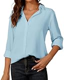 SPRING SEAON Womens Blouse Long Sleeve Chiffon V-Neck Button Down Shirt Casual Office Work Tops for Ladies Light Blue