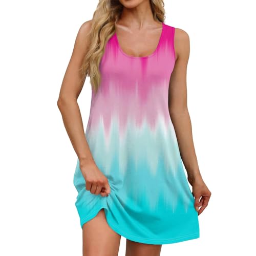 Image of Shirred Dress Summer Dresses for Women 2026 UK Beach Casual Sleeveless Sundress Tank Sun Dress Mini Floral Cover Ups with Pockets Pink L