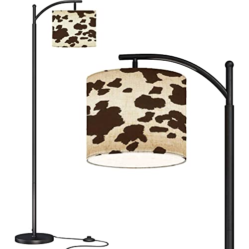 LOPYEIJFG Modern Arc Floor Lamp with Dimmer Mid Century Cow Print Metal Standing Lamp with Linen Shade Footswitch for Living Room Bedroom Office