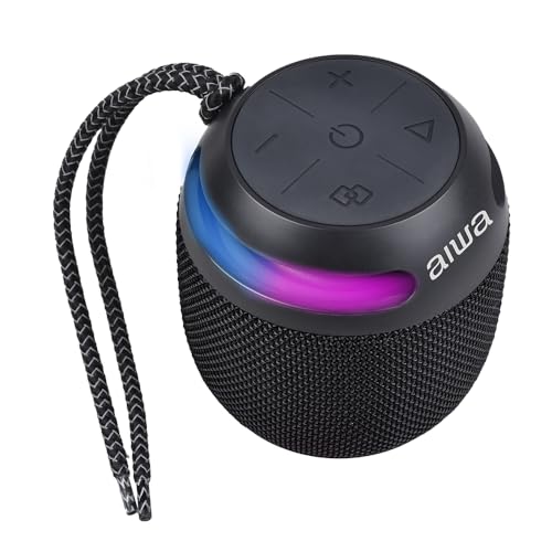 Aiwa | Altavoz portátil Bluetooth | Modelo BST-100BK, 5W, Negro, Compacto, Resistente al Agua IP66, luz RGB | hasta 8h de reproducción, Sonido estéreo y Manos Libres