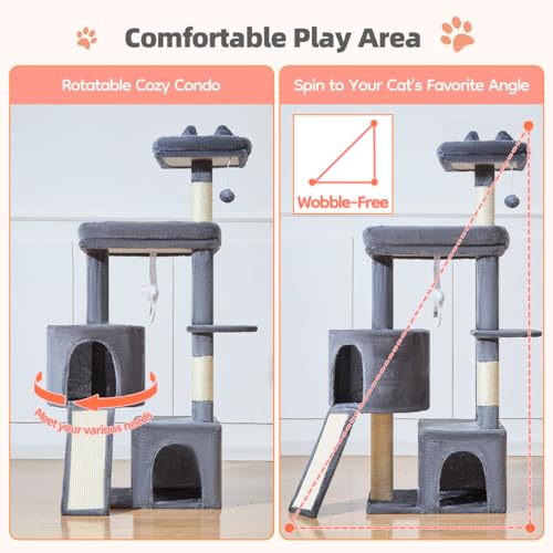 Image of Taoqimiao Cat Tree for Indoor Cats, 55.1In Sturdy Cat Tower, Large Platform, Rotatable Round Condo with Large Scratch Board, Extended Cat House, Thickened Full-Sisal Scratching Post, Smoky Gray, F10G