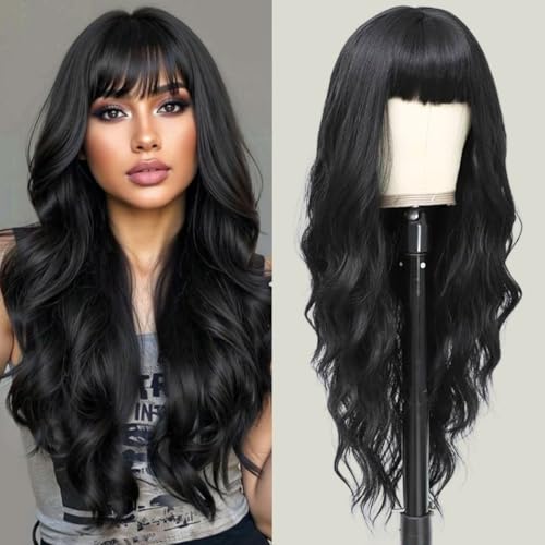 POUWENEY Black Wig with Bangs 26 Inch Long Curly Wavy Wigs for Women Begineer-Friendly Synthetic Wig for Daily Party Holiday Use
