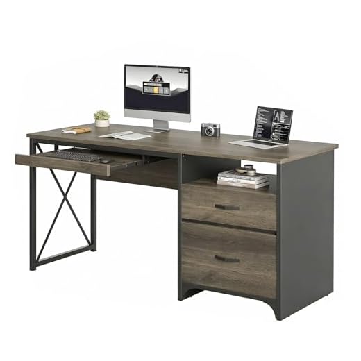 Bestier Industrial Desk with Storage Drawers 55 inch Writing Study Computer Table Workstation with Keyboard Tray for Home Office, Dark Gray Oak