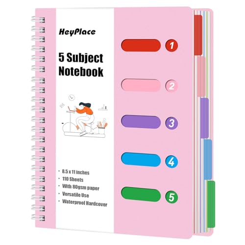 Cahier ligné A4 rose à spirale HEYPLACE avec 5 intercalaires pour notes