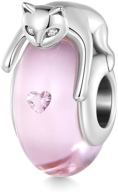 GNOCE Cute Cat Lying on Pink Glass Charm for Her, S925 Sterling Silver Bead Charm for Women Wife, Valentine‘s Day, Mother’s Day