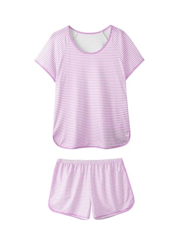 Image of Hilinker Women Striped Pajama Set Short Sleeve Top with Shorts Sleepwear Pjs 2 Piece Lounge Sets