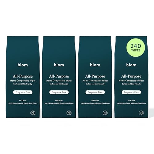 Biom All-Purpose Cleaning Wipes Refill (4pk x 60ct Each)- Fragrance Free - Biodegradable All Natural Plant-Based Non-Toxic Wipes for Home & Travel - Kid & Pet Friendly