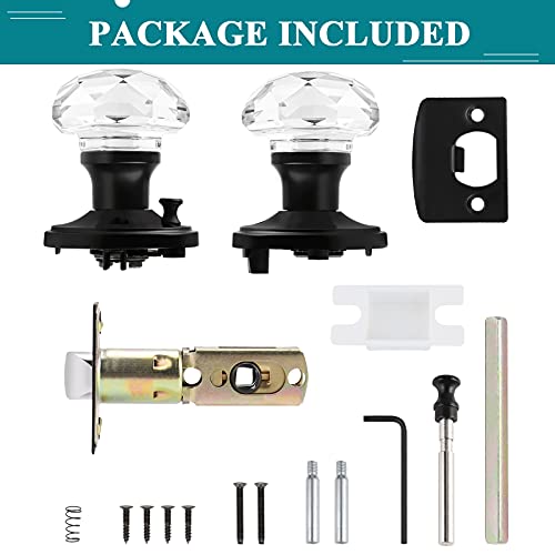 Orger 5 Pack Glass Door Knobs With Flat Black Rosette, Bath/Bed Door Knobs For Privacy Use, Keyless Interior Door Handles With Diamond Shape Crystal Glass And Zinc Alloy Base #TOP6