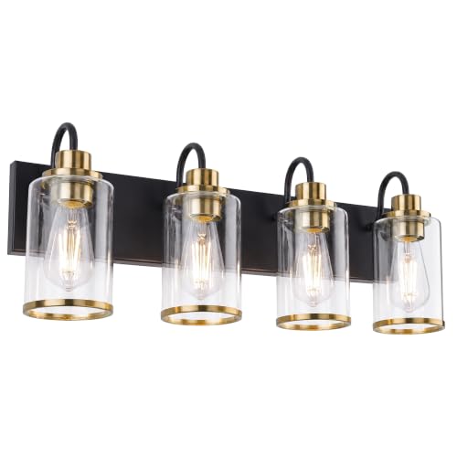 Image of Beionxii 4 Light Bathroom Light Fixtures, Blac and Gold Vanity Lights with Clear Glass Shades, Vanity Lights Over Mirror, Wall Sconces for Kitchen Living Room Hallway Cabinet Porch, BX-VL01BKG-4CG