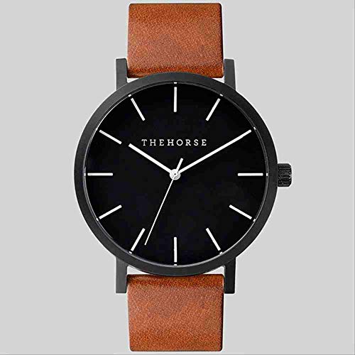 DECTN Armbanduhr Neue einfache und stilvolle Herren- und Damengürteluhr Horse Watch 16 S Black Shell Black Face - Brauner Gürtel