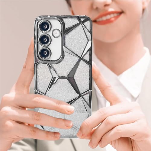 Image of VONZEE Gradient Glitter Case for Samsung S24 FE, Luxury Electroplated 3D Cube, Diamond Bling Shiny Soft TPU Clear Shockproof Women Girls Protective Phone Cover (Silver)