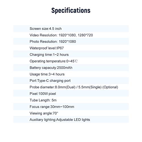Loijon Tela colorida de 4.5 polegadas HD Endoscópio digital 5.5mm Única lente IP67 À prova d'água B