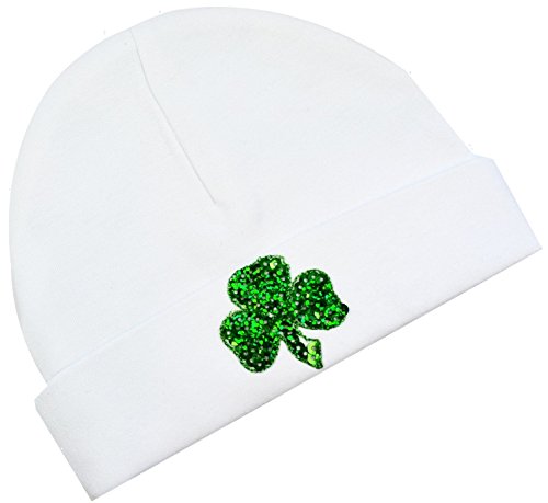 Funny Girl Designs Sequin Shamrock Baby Beanie Hat (White)