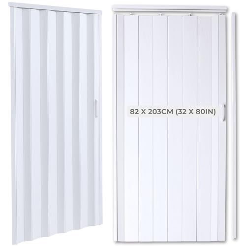 PVC Folding Door with White Wood Effect 82 x 203cm (32 x 80in) – Magnetic Closure & Easy-Grip Handle – Space-Saving Internal Concertina Door Foldable – Plastic Foldable Sliding Accordion Panels