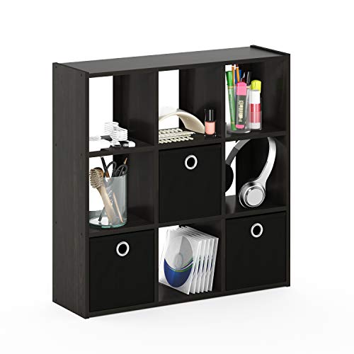 Furinno Simplistic 9-Cube Organizer with Bins, Small Size (Assembled unit dimensions : 7.9"D x 26.5"W x 26.7"H inches), Espresso/Black