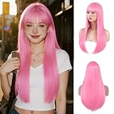 Bkiyyi Pink Wig with Bangs for Women Long Light Pink Straight Wig for Grils Heat Resistant Synthetic Colored Wig for Cosplay for Party Halloween Daily Use 24inch