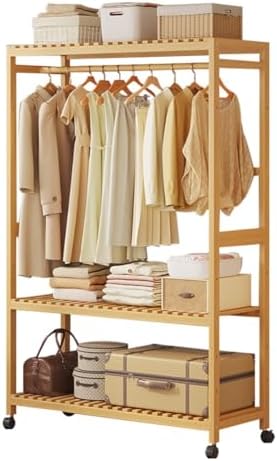 Free Standing Wooden Clothes Rack with Shelves - Bamboo Wardrobe on Wheels, Open Wardrobe for Bedroom, Garment Rack with Storage Shelf - Stylish & Functional