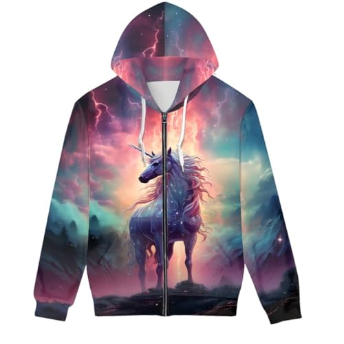 GLUDEAR Unisex Realistic 3D Digital Print Full Zip Hoodie Jackets Hooded Sweatshirt,Colorful Lighting Unicorn,L