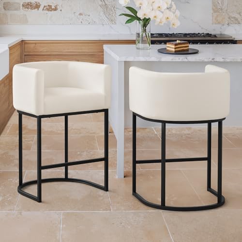 LUE BONA Counter Height Bar Stools Set of 2 Modern Barrel Counter Stools with Backrest and Arms Black Metal Frames Linen Fabric Upholstered Accent Barstools for Kitchen Island Beige