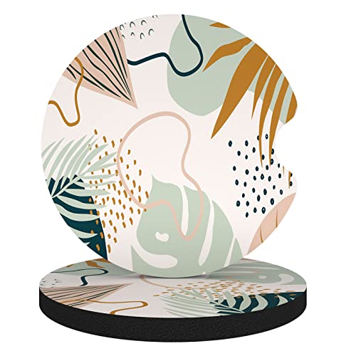 Aiawoxc Car Cup Holder Coasters, 2 Pack Universal Auto Anti Slip Insert Coaster with A Finger Notch, Cute Car Assecories for Women Men, Cup Mat for Most Interior, Boho Leaves