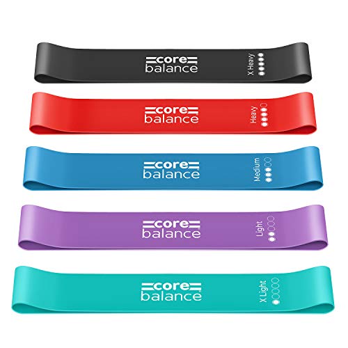 CORE BALANCE Set de 5 minicintas Elásticas para Fitness, Yoga, Pilates, Fisioterapia - Diferentes Niveles de Resistencia para Refuerzo Muscular - Látex Natural, Ejercicios Glúteos, Piernas y Brazos