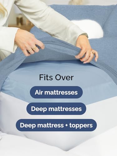 Image of Extra Deep Cal King Fitted Sheet - Single Fitted Sheet - Heathered Blue | Easily Fits 18 inch to 24 inch Mattress, Soft, Wrinkle Free, Breathable & Comfy, Extra Deep Pockets Hotel Luxury Fitted Sheet