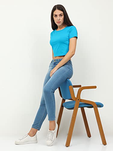 Image of FLEXIMAA Women's Cotton Plain Round Neck Half Sleeve Crop Top
