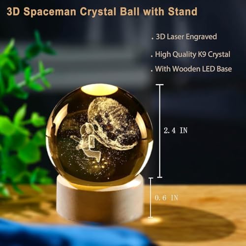 Image of Desidiya 3D Crystal Ball Night Light Space Astronaut Half Moon with LED Wooden Stand, Room Decor Glass Sphere Lamp Night Light Gifts for Women Men Dad Mom Kids