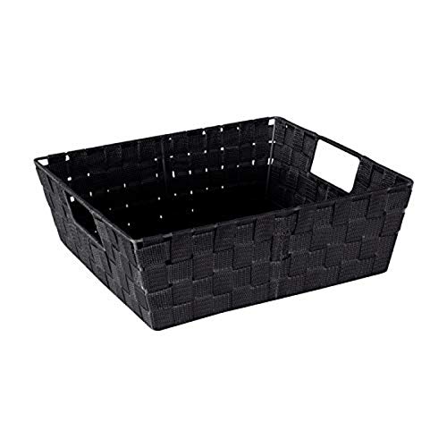 Image of Simplify Large Shelf Woven Strap Tote | Decorative Storage Basket | Built in Handles | Organization | Closet | Bedroom | Bathroom | Nursery | Accessories | Toys | Gifts | 1 Pack | Black