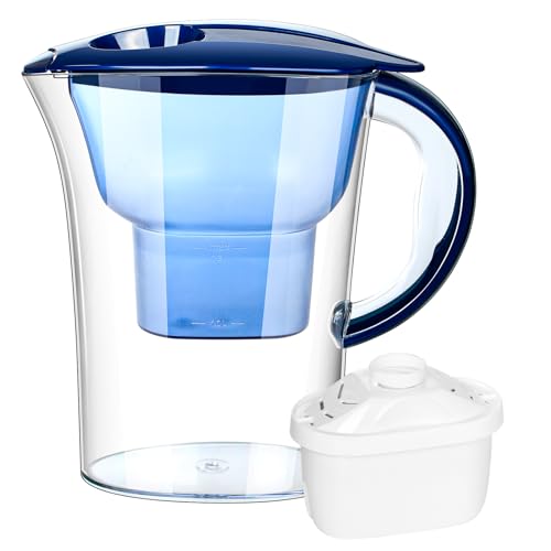 Water Filter Pitcher (2.5L) with 1 Standard Water Filter Cartridge for Reduction of Suspended Particles Heavy Metals Bacteria Fluoride Micro Plastics Chlorine Limescale and Impurities Blue