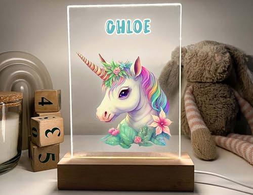 Lámpara de noche unicornio LED personalizada con base de madera miniatura 3