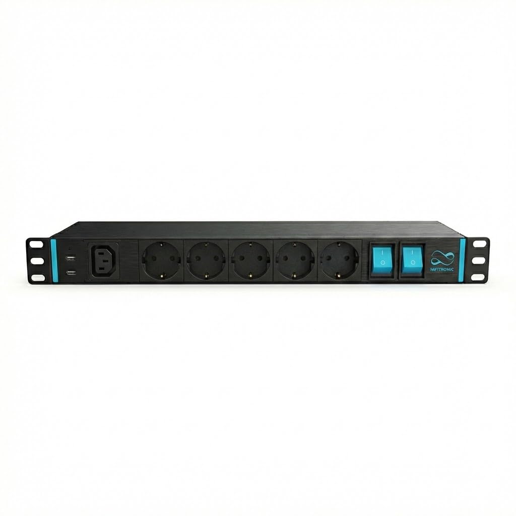 INSV1009USBC Infitronic - Ciabatta elettrica PDU, 19 pollici, 14 prese Schuko + 1 C13 (15 prese), USB-C, 1HE anteriore/posteriore, protezione da sovratensione, 3680 W/16 A, per armadio di rete, nero