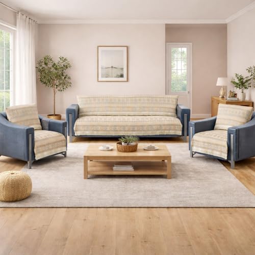 Image of Elegant Woven Beige Sofa Cover - Soft Chenille Traditional Pattern with Lace Style | L-Shape Sectional Seat Protector for Living Room | Durable & Stylish Slipcover 5 Seater Sofa Cover