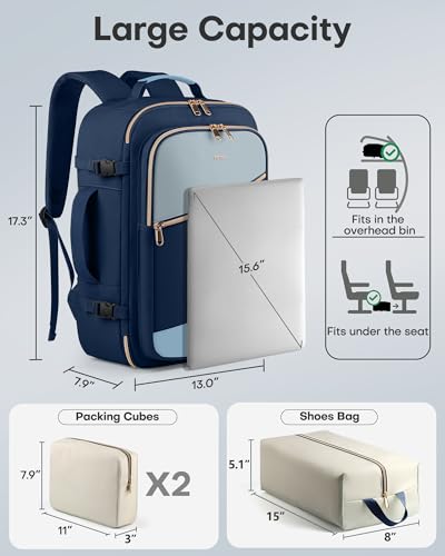 Image of HOTOR Travel Backpack for Women - TSA-Friendly Travel Bag with Multiple Compartments & 3 Packing Cubes, Water-Resistant & Comfortable, Perfect for Travel Essentials, Blue, 17.3 inch x 13.0 inch x 7.9 inch