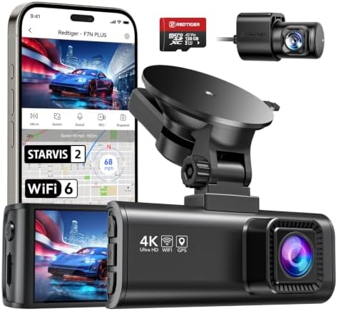 REDTIGER Dashcam Coche 4K+1080P, STARVIS 2, Tarjeta 128GB, WiFi 5,8GHz