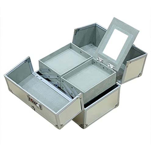 Image of Adson Professional Beauty Make Up Cosmetic Vanity Box /Case 4 Trays with Mirror (Metallic Silver)