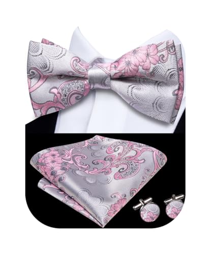 Image of Hi-Tie Bow Ties for Men Silver Pink Floral Pre-Tied Pocket Square Cufflinks Mens Bowtie Sets for Wedding Formal Party