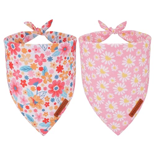 ADOGGYGO Floral Dog Bandana 2 Pack Reversible Pink Daisy Pet Scarf Bib Adjustable Fit Cute Flower Bandanas for Medium Large Dogs Pets (Large)