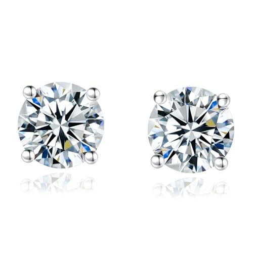Image of Moissanite Stud Earrings for Men Women, 925 Sterling Silver 18K White Gold Plated, 1CT 6.5mm Round Cut, VVS1 D Color （0.6-2ct）