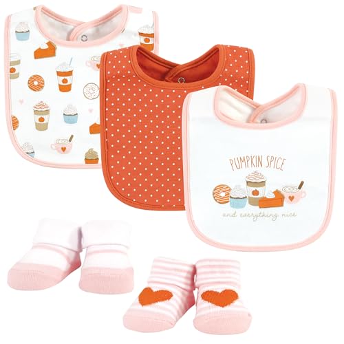 Image of Hudson Baby Unisex Baby Cotton Bib and Sock Set, Pumpkin Spice, One Size