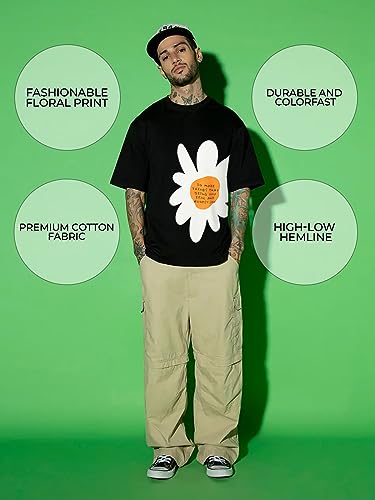 Image of Veirdo Cotton Black & Limeade Oversized Fit Half Sleeve Crew-Neck Floral Printed Longline T-Shirt for Men