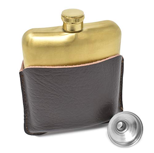 Leather Hip Flask for Liquor 6 Ounce Stainless Steel Dark Brown Leather, Gold Flask Leak-Proof with Funnel for Men and Women