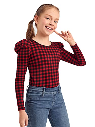 Image of Milumia Girl's Gingham Plaid Puff Sleeve Blouse Round Neck Casual School Shirt Top Red 10 Years