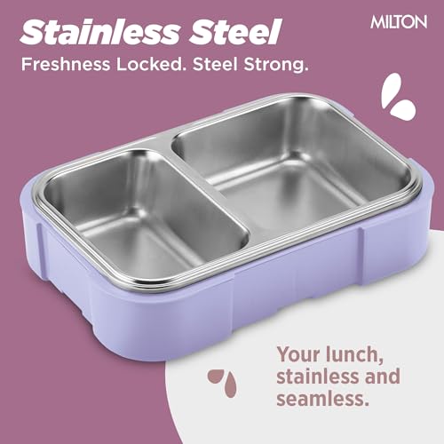Image of MILTON Ethan 2 Inner Stainless Steel Tiffin Box for School, 2 Partition, Steam Release Plug | PU Insulated, Leak-Proof, Food Grade I Lunch Box for Kids Boys, Girls with Snap Lock Lid, 650 ml, Beige