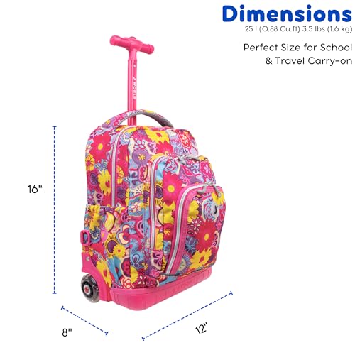 J World Lollipop Kids Rolling Backpack & Lunch Bag Set for Elementary School. Carry-On Suitcase with Wheels, Poppy Pansy