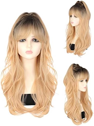 24" Full High Ponytail Wig for Women Girl Long Curly Wavy Wig with Bangs Natural Synthetic Wigs Heat Resistant Friendly Hair Wig for Daily Use