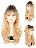 24" Full High Ponytail Wig for Women Girl Long Curly Wavy Wig with Bangs Natural Synthetic Wigs Heat