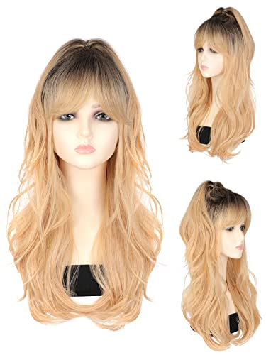 24" Full High Ponytail Wig For Women Girl Long Curly Wavy Wig With Bangs Natural Synthetic Wigs Heat Resistant Friendly Hair Wig For Daily Use #TOP2